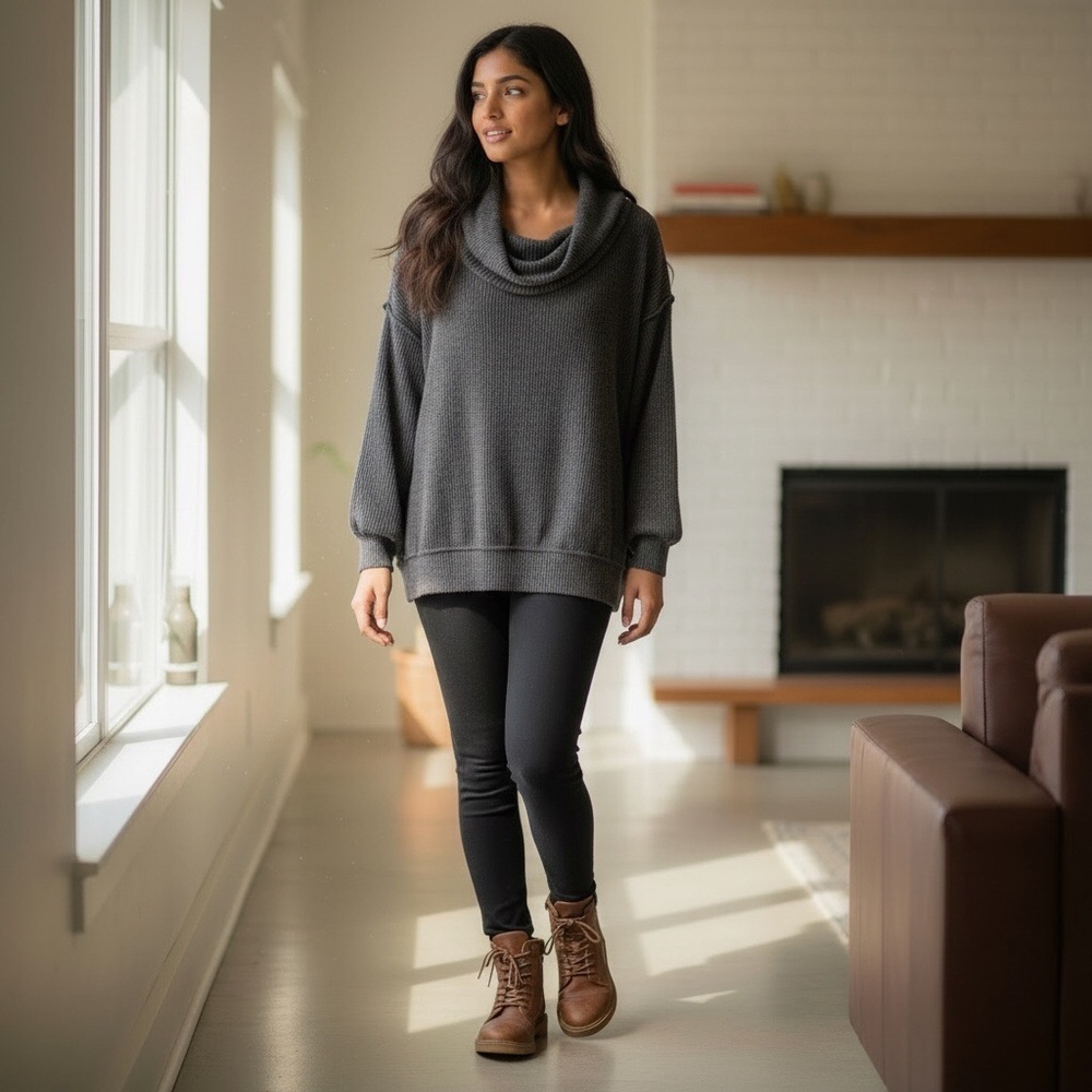 We The Free Ribbed Cowl Neck Relaxed Fit Sweater Charcoal Gray Size-L GUC